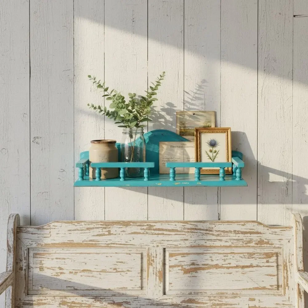 Vintage Teal Wood Wall Shelf-Cottage-Farmhouse Display-Bathroom-Kitchen-Coastal